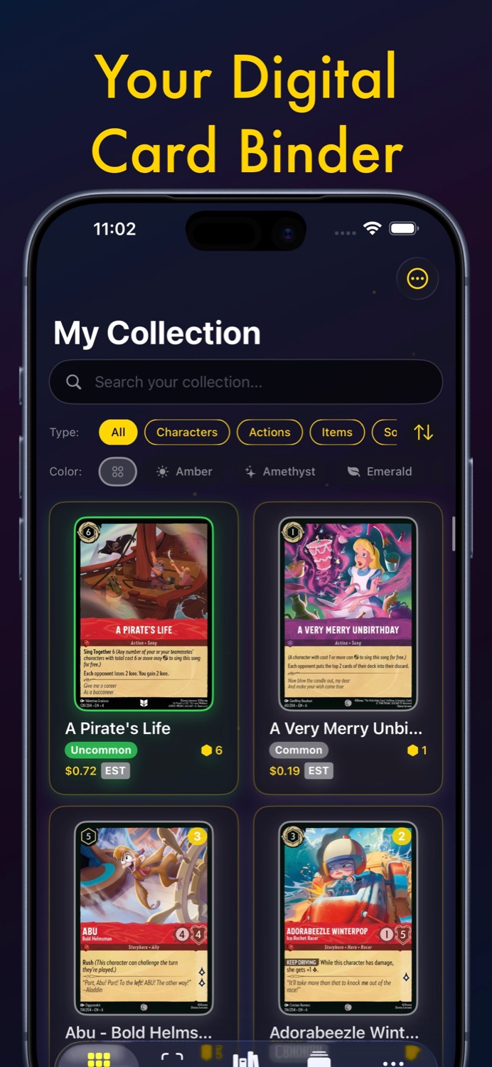 Digital Lorcana card binder showing a collection grid with filters