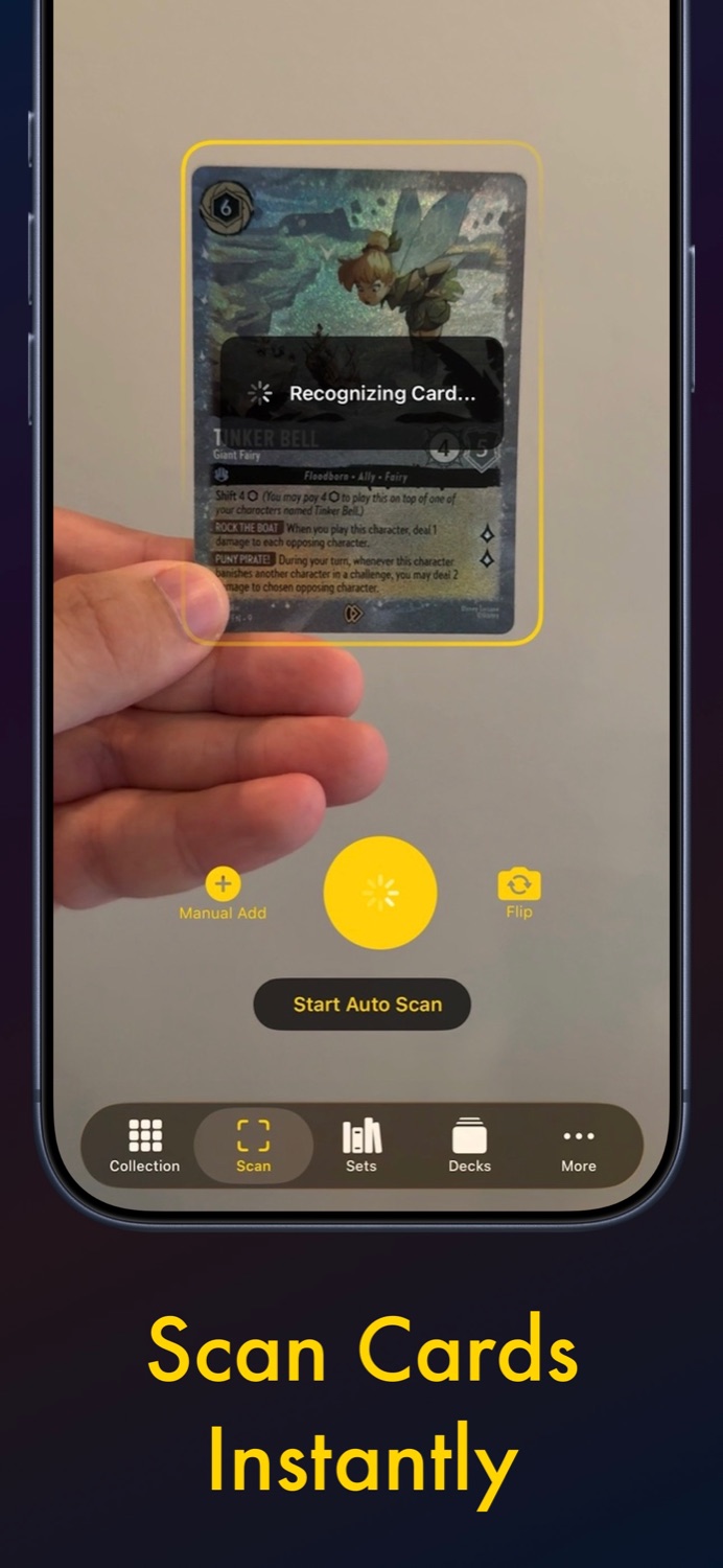 Lorcana card scanner in Ink Well Keeper recognizing a card instantly with the iPhone camera
