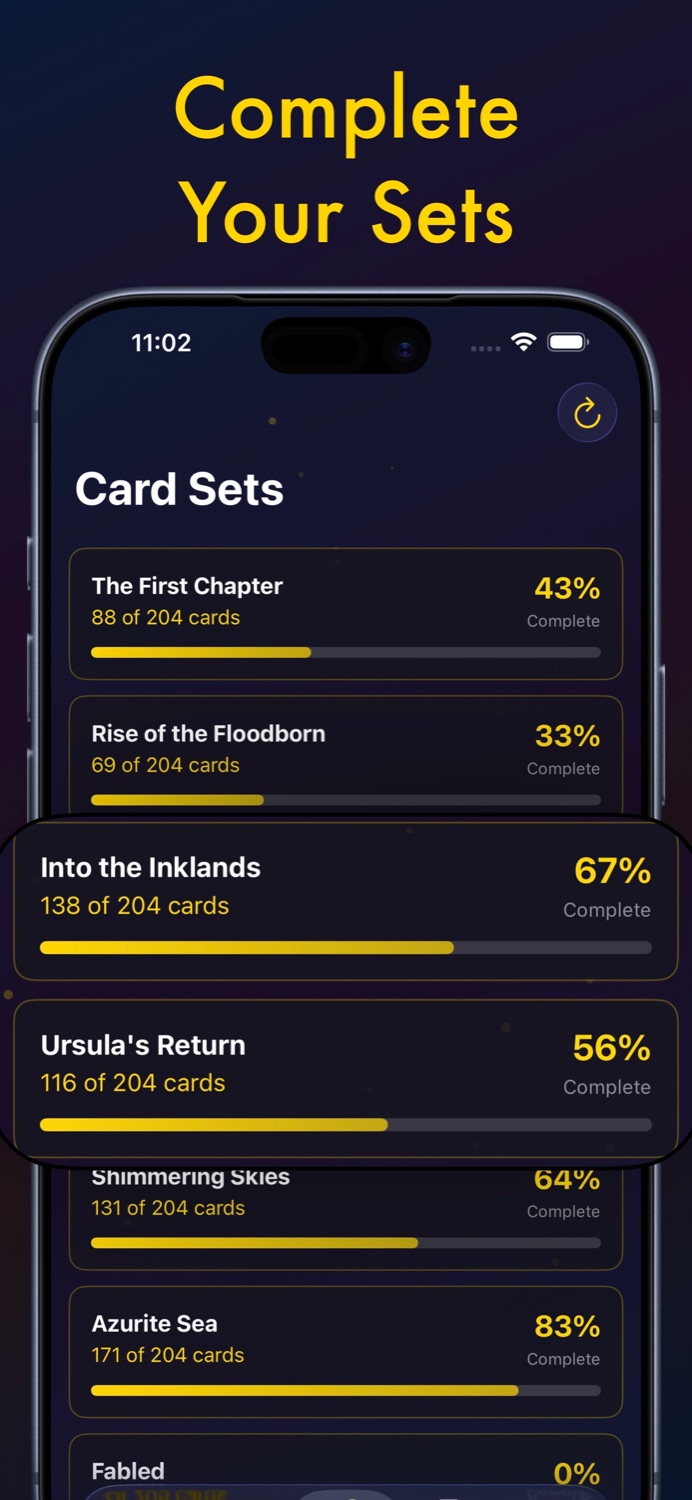 Lorcana set checklist with completion progress bars for every set
