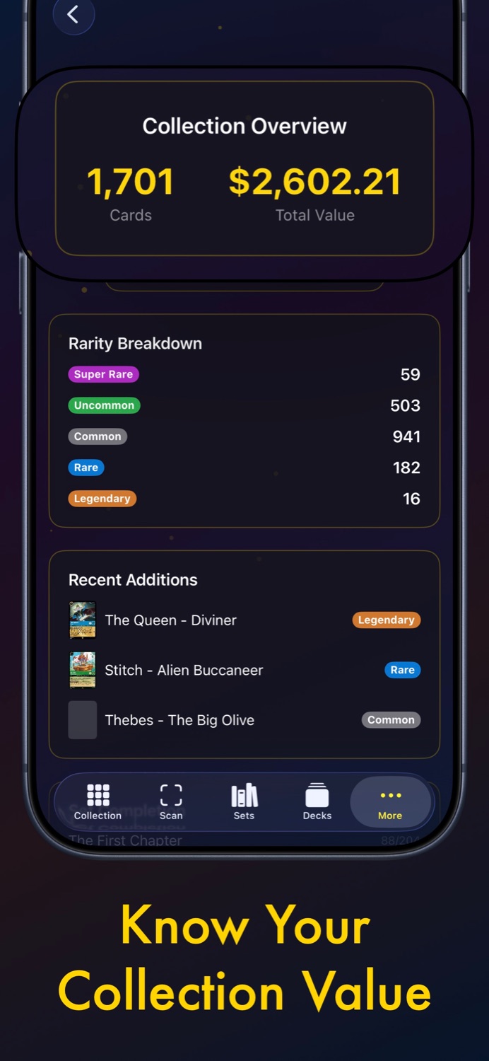 Lorcana collection value overview showing 1,701 cards worth $2,602 with rarity breakdown