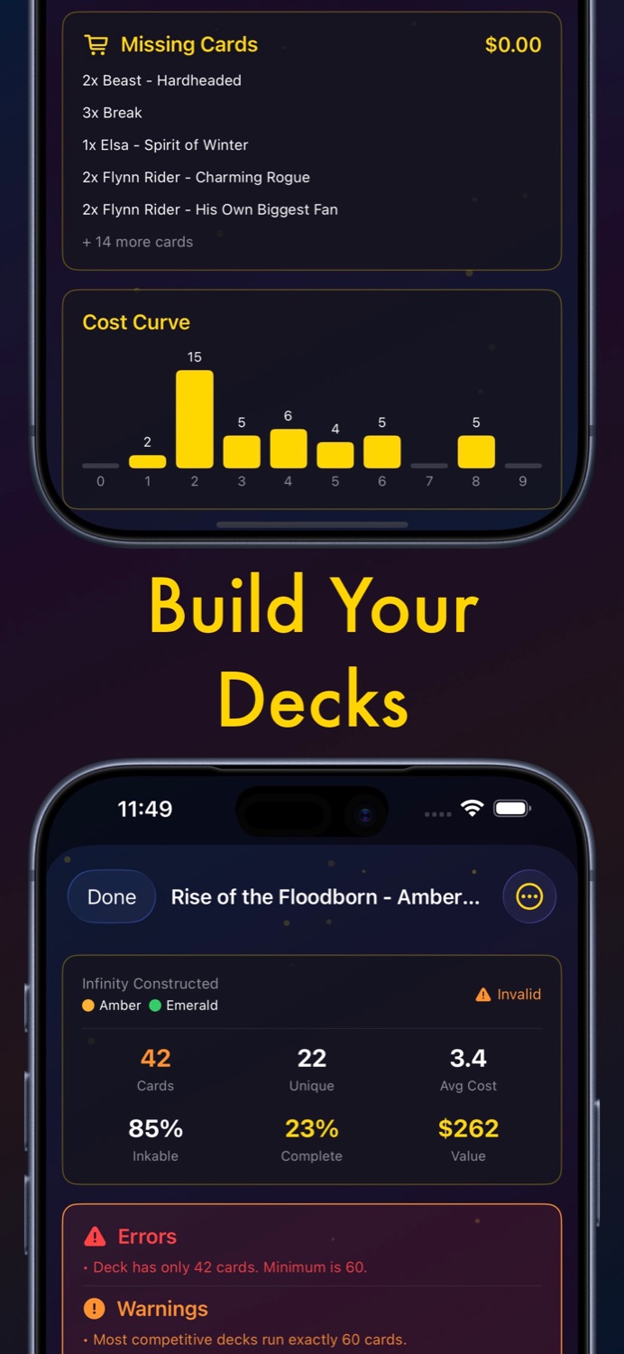 Lorcana deck builder with cost curve, missing cards, and legality validation